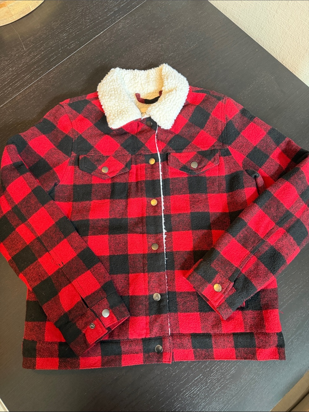 C’est Toi Buffalo Plaid Red Black Sherpa Coat Small